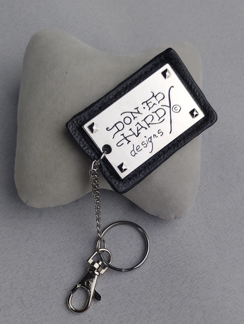 Ed Hardy Black Leather Keychain with Silver Logo Plate